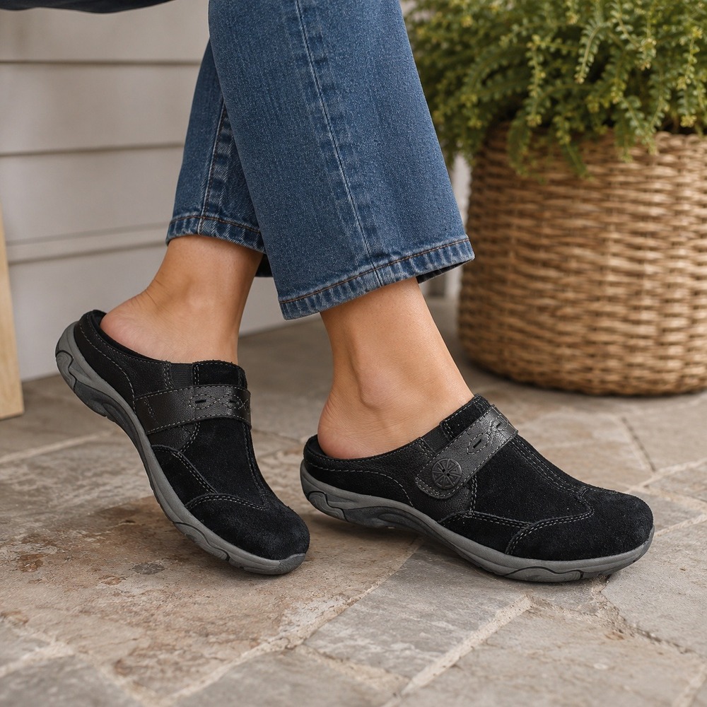 Earth Spirit Suede Comfort Mule Clogs Black Gelron Cushion Women's Shoes 6.5M